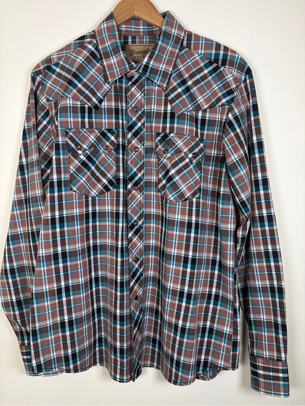 Wrangler Retro Western Shirt Men’s Large Plaid Pearl Snap Long Sleeve